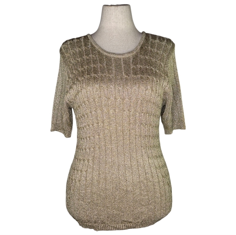 Vintage Suzelle Gold Metallic Knit Top L Shimmer Ribbed Short Sleeve Sweater